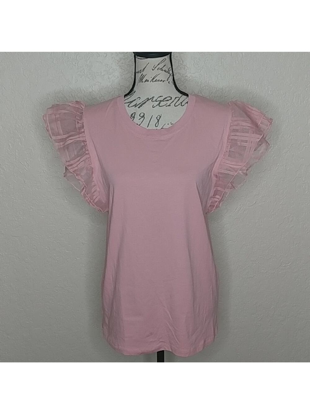 In 2 You Sheer Plaid Ruffle Sleeves‎ Pink Top Size XL
